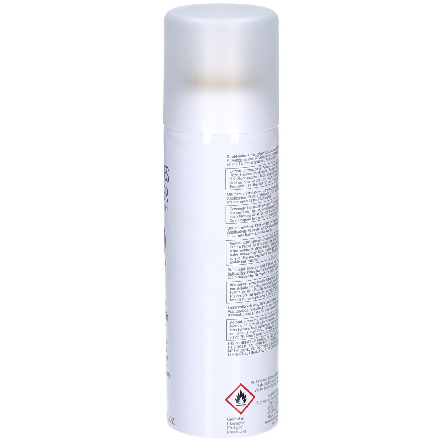 Weißes Haarspray von Marlies Möller. Rückseite mit Text. Aufschrift: Crystal Shine Hair Lacquer.