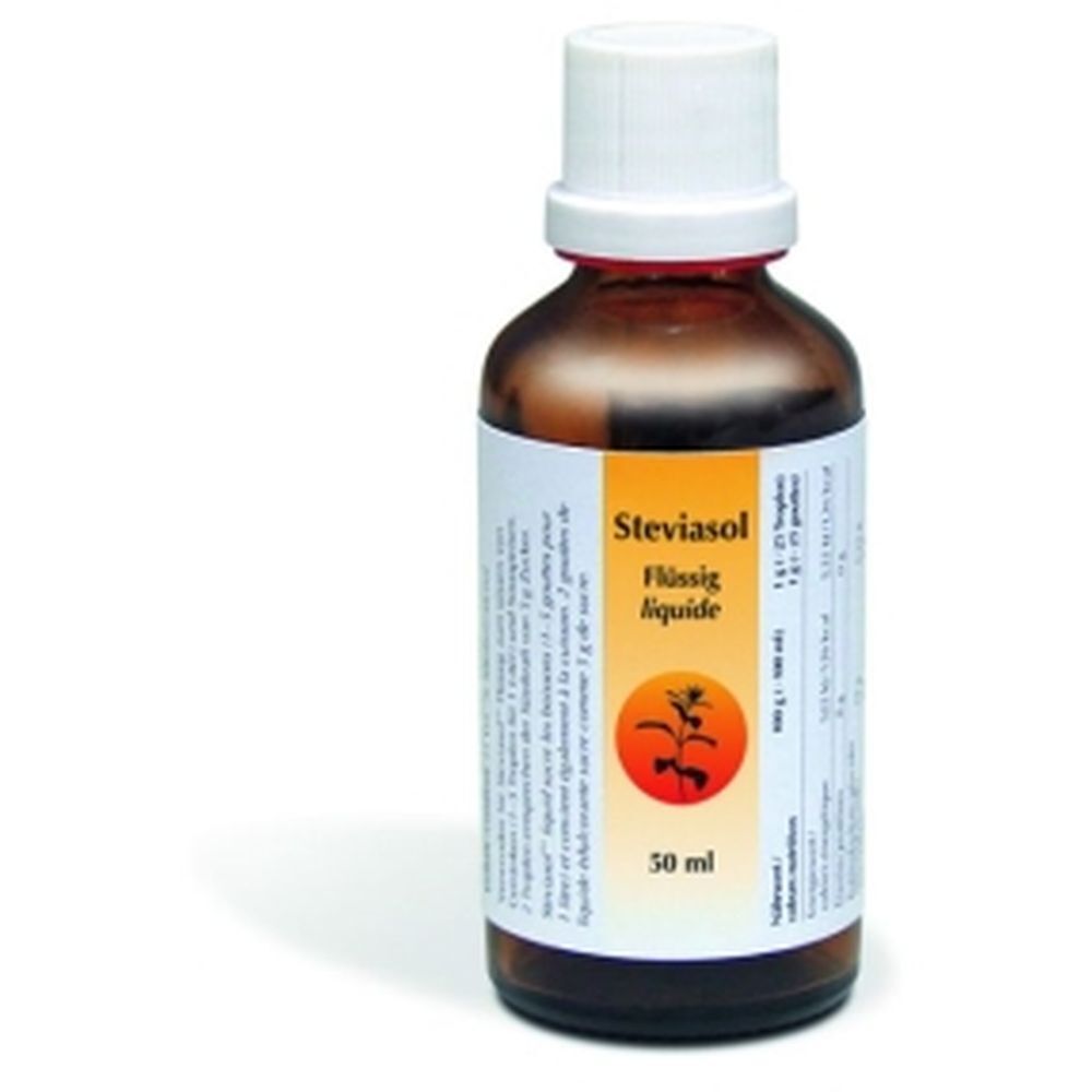 Braune Glasflasche mit weißem Deckel. Etikett mit Produktnamen Steviasol, Flüs sig liquide und 50 ml. Pflanzendarstellung.