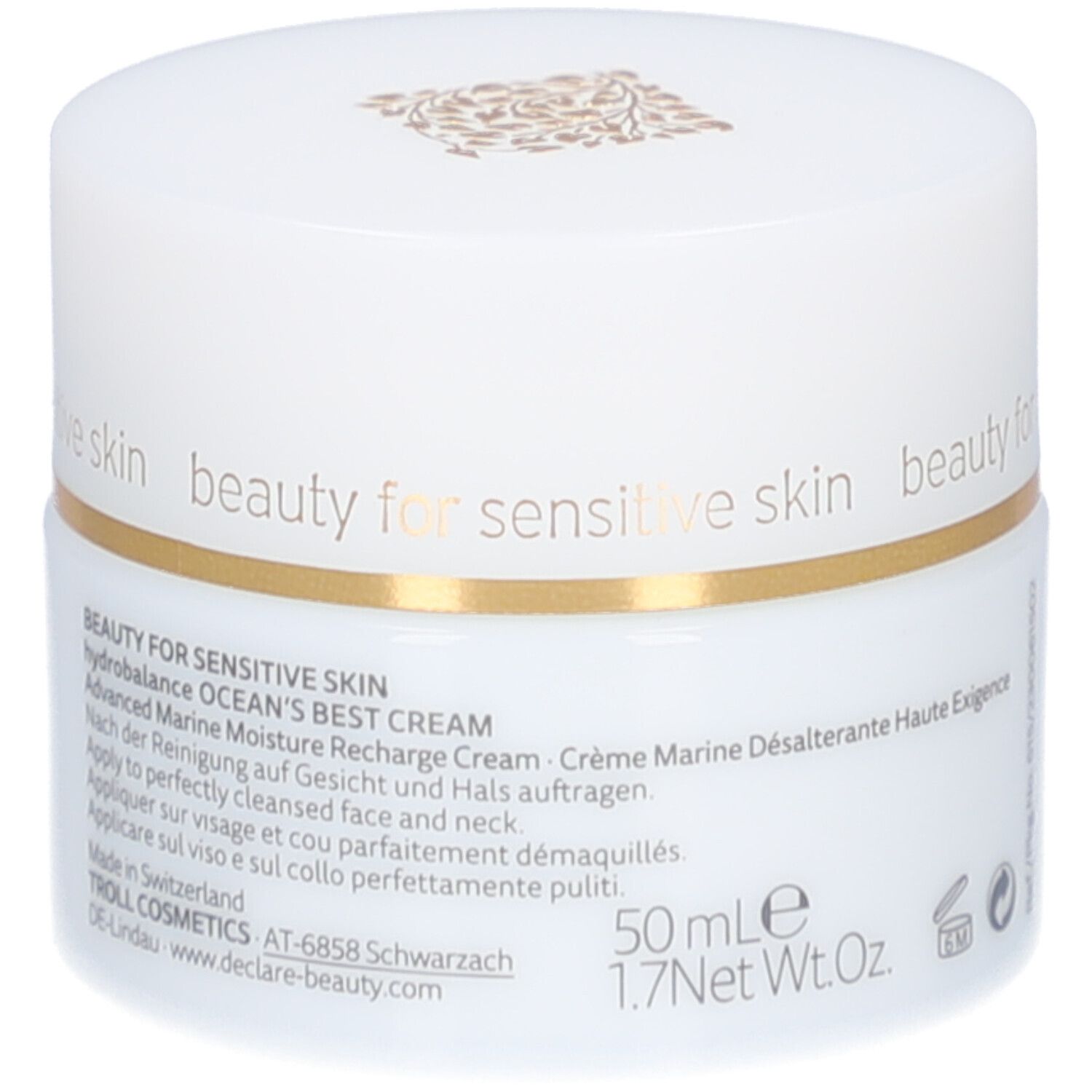 Weißer Tiegel mit goldfarbenem Deckel. DECLARÉ-Logo und Produktname Ocean's Best Cream.