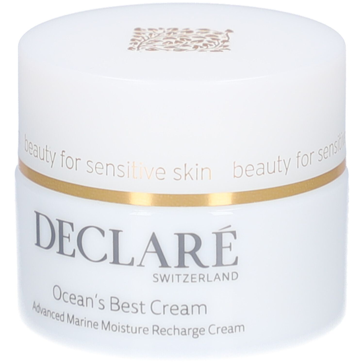 Weißer Tiegel mit goldfarbenem Deckel. DECLARÉ-Logo und Produktname Ocean's Best Cream.