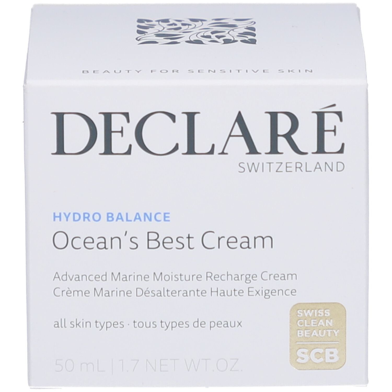 Weißer Tiegel und Karton. DECLARÉ-Logo und Produktname Ocean's Best Cream.