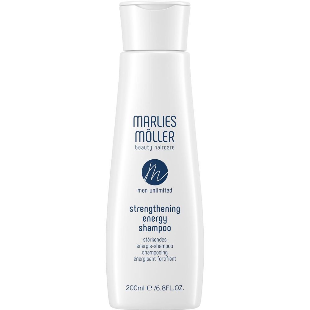 Weiße Flasche Marlies Möller Shampoo. Text: Men Unlimited, Strengthening Energy Shampoo. 200ml.
