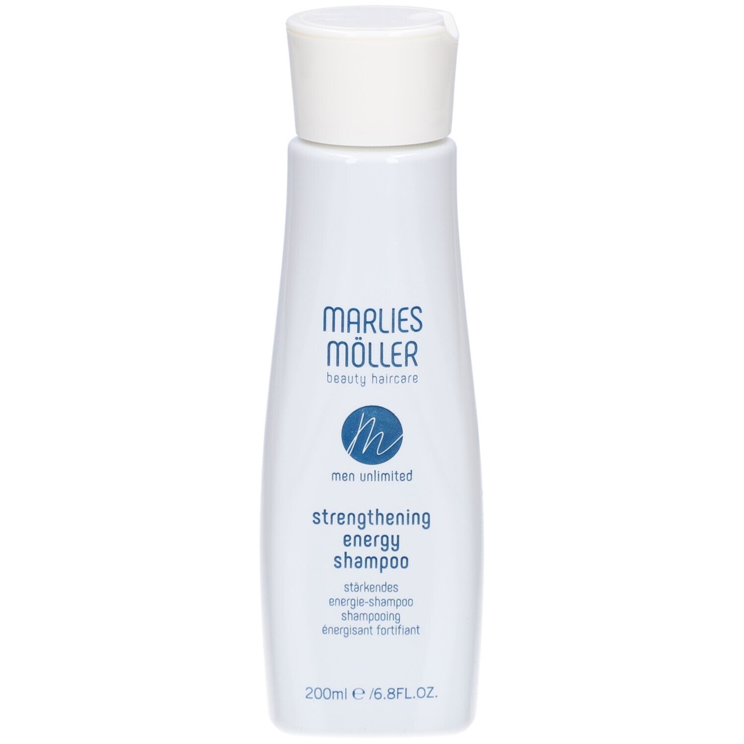 Weiße Flasche Marlies Möller Shampoo. Text: Men Unlimited, Strengthening Energy Shampoo. 200ml.