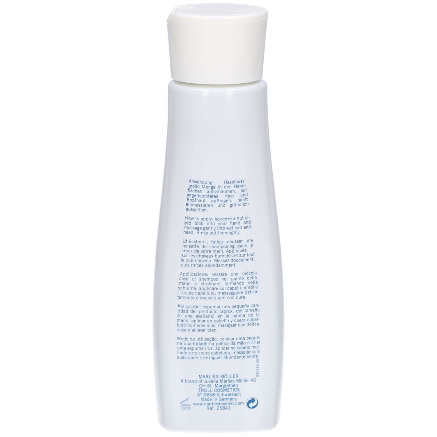 Rückseite der Shampoo-Flasche. Text in mehreren Sprachen. Marlies Möller Logo.