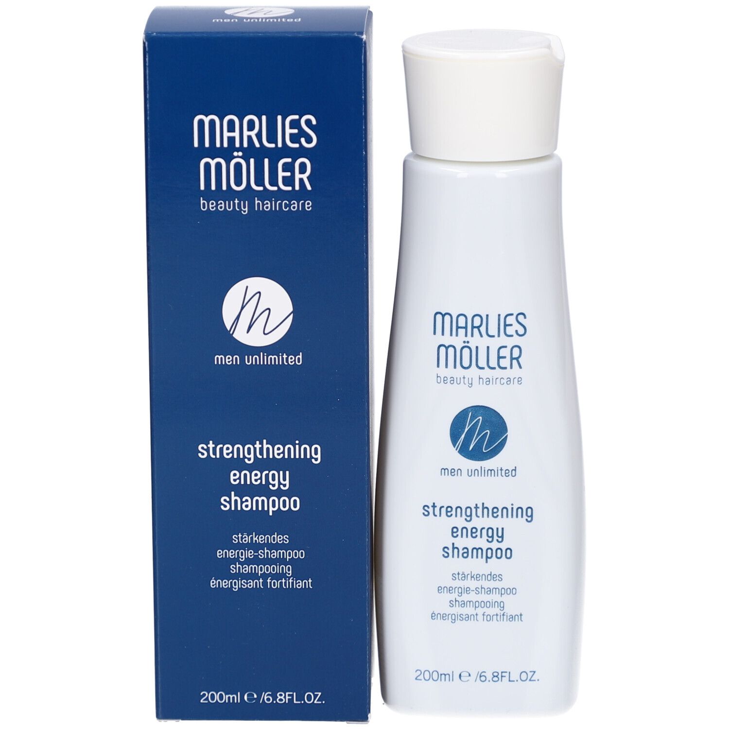 Marlies Möller Shampoo mit blauer Verpackung. Produktname und Logo sichtbar.