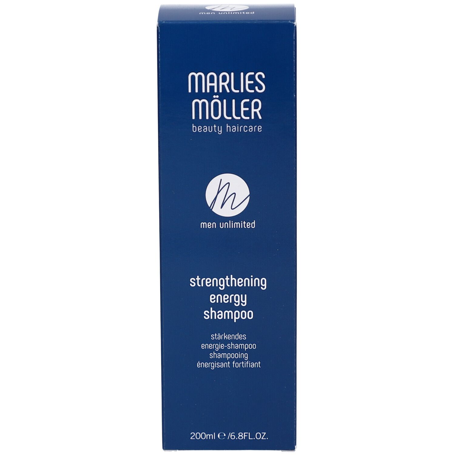 Blaue Verpackung von Marlies Möller Shampoo. Produktname und Logo sichtbar.