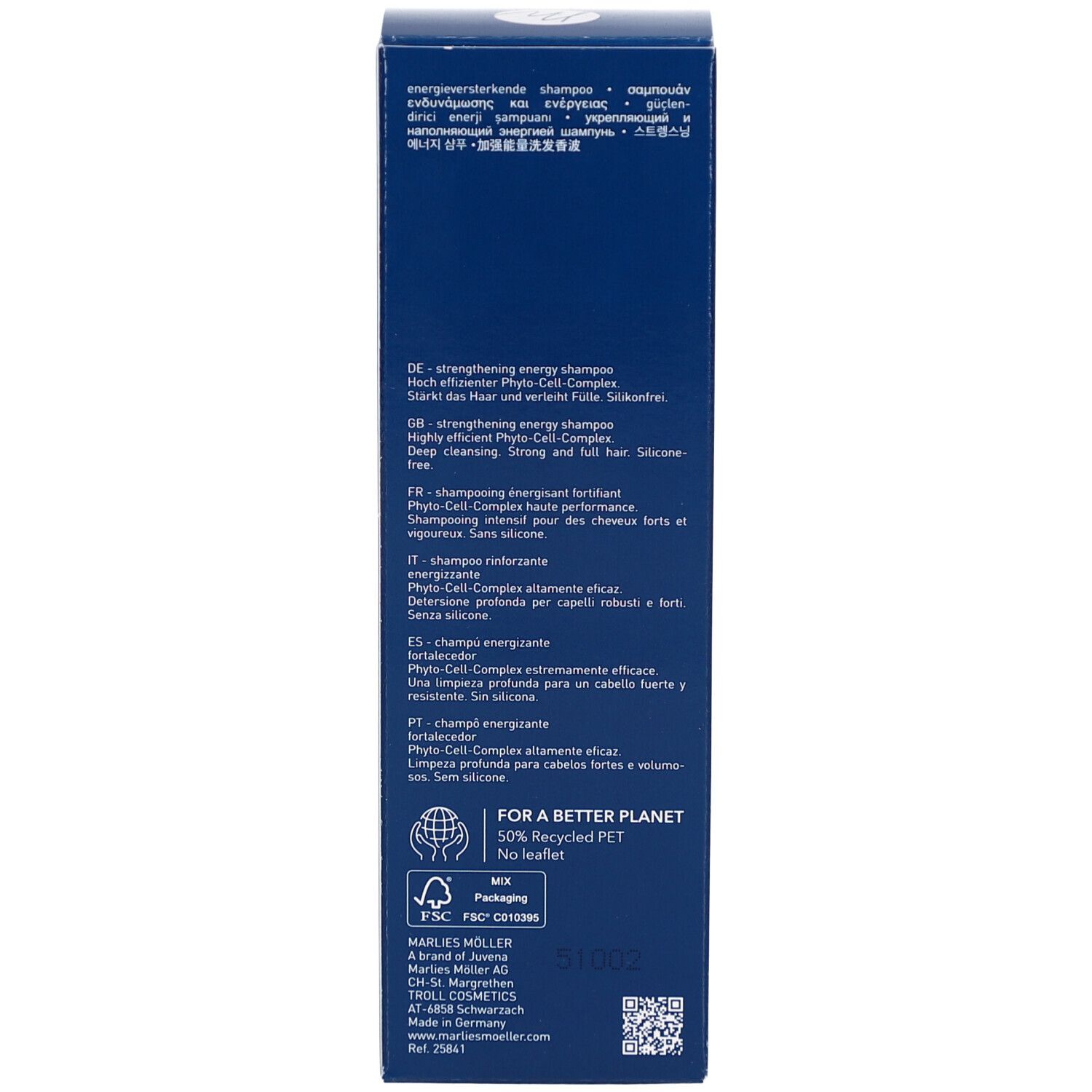 Rückseite der blauen Verpackung. Text in mehreren Sprachen. Marlies Möller Logo.