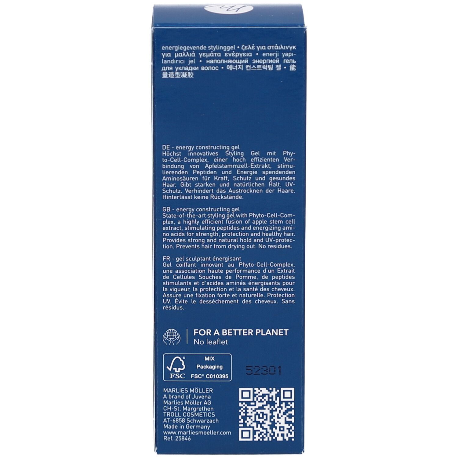 Rückseite der blauen Schachtel. Text: Inhaltsstoffe, Anwendung, Zertifizierungen.