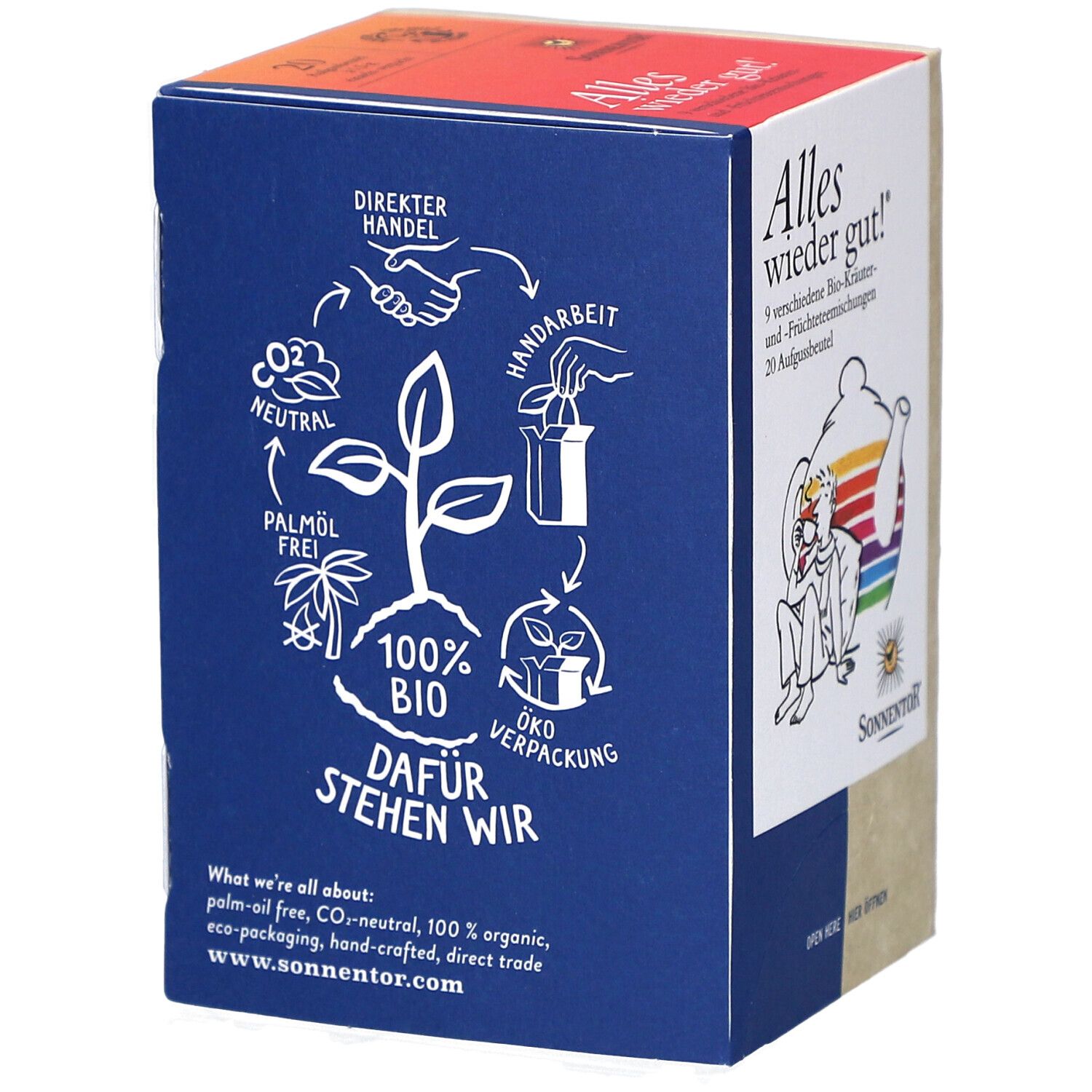 Rückseite der Teebox. Text: 100% Bio, Öko-Verpackung, Palmölfrei. Illustrationen. SonnentoR Logo. Text in Deutsch.
