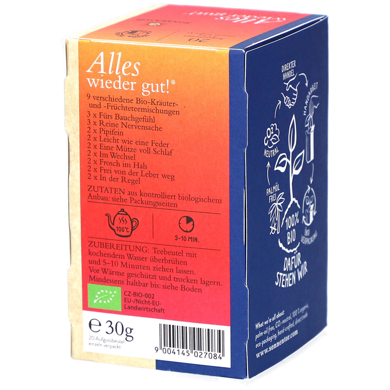 Seite der Teebox mit Zutatenliste und Zubereitungshinweisen. Bio-Siegel. Text in Deutsch. Gewicht: 30g.