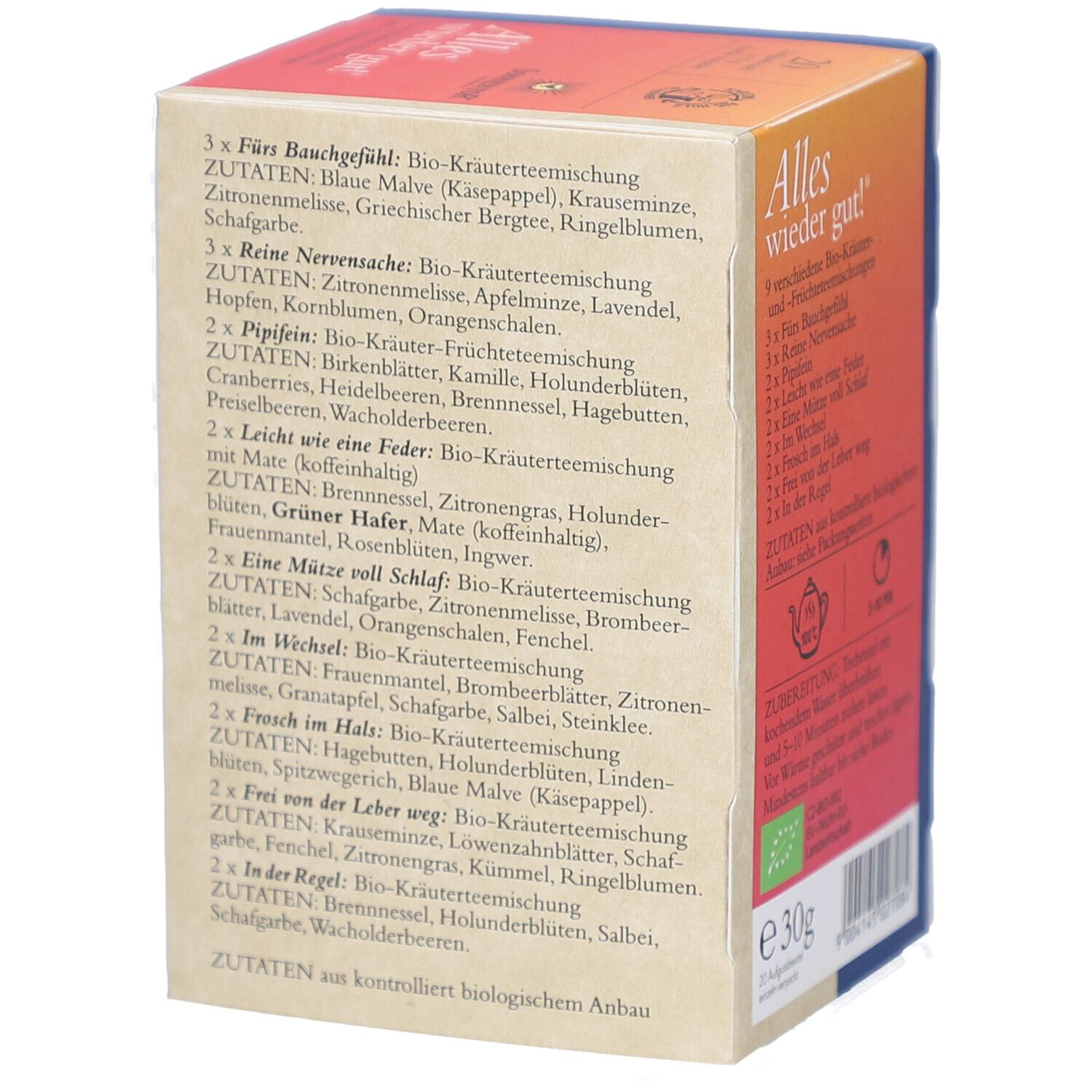 Seite der Teebox mit Zutatenlisten für verschiedene Mischungen. Bio-Siegel. Text in Deutsch. Gewicht: 30g.