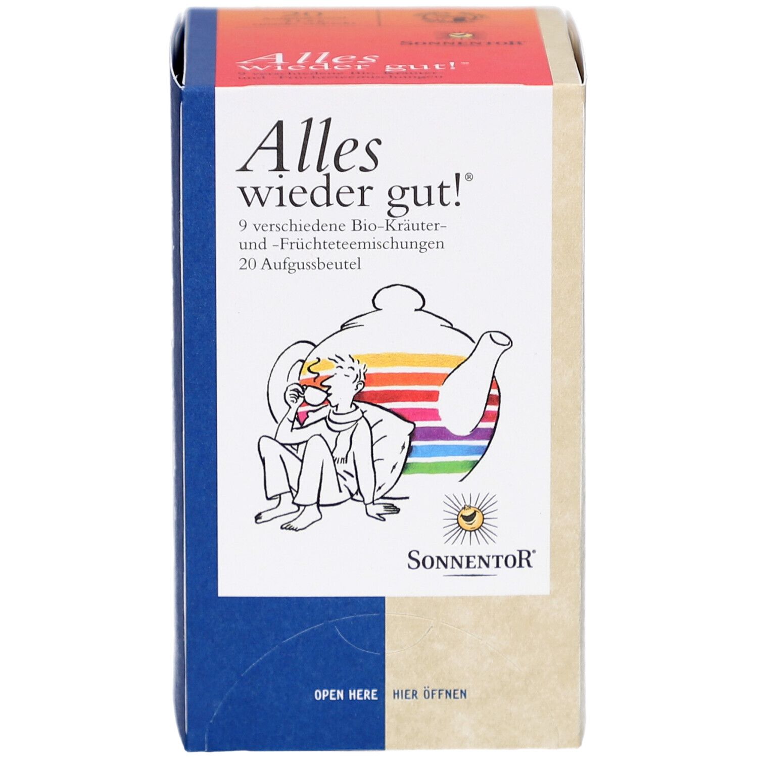 Vorderseite der Teebox. Aufschrift: Alles wieder gut! 9 Kräuter- und Früchteteemischungen. SonnentoR Logo. Bio-Siegel.