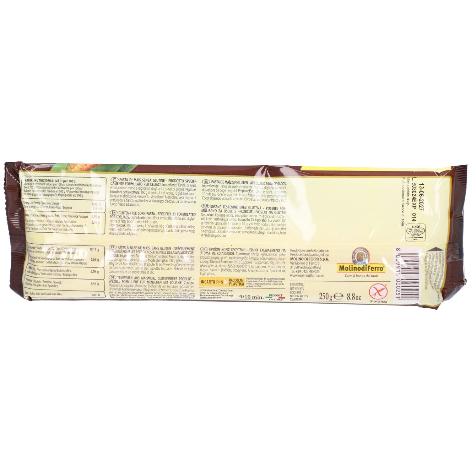 Rückseite der Verpackung Le Veneziane Spaghetti Maispasta glutenfrei. Text und Nährwertangaben.