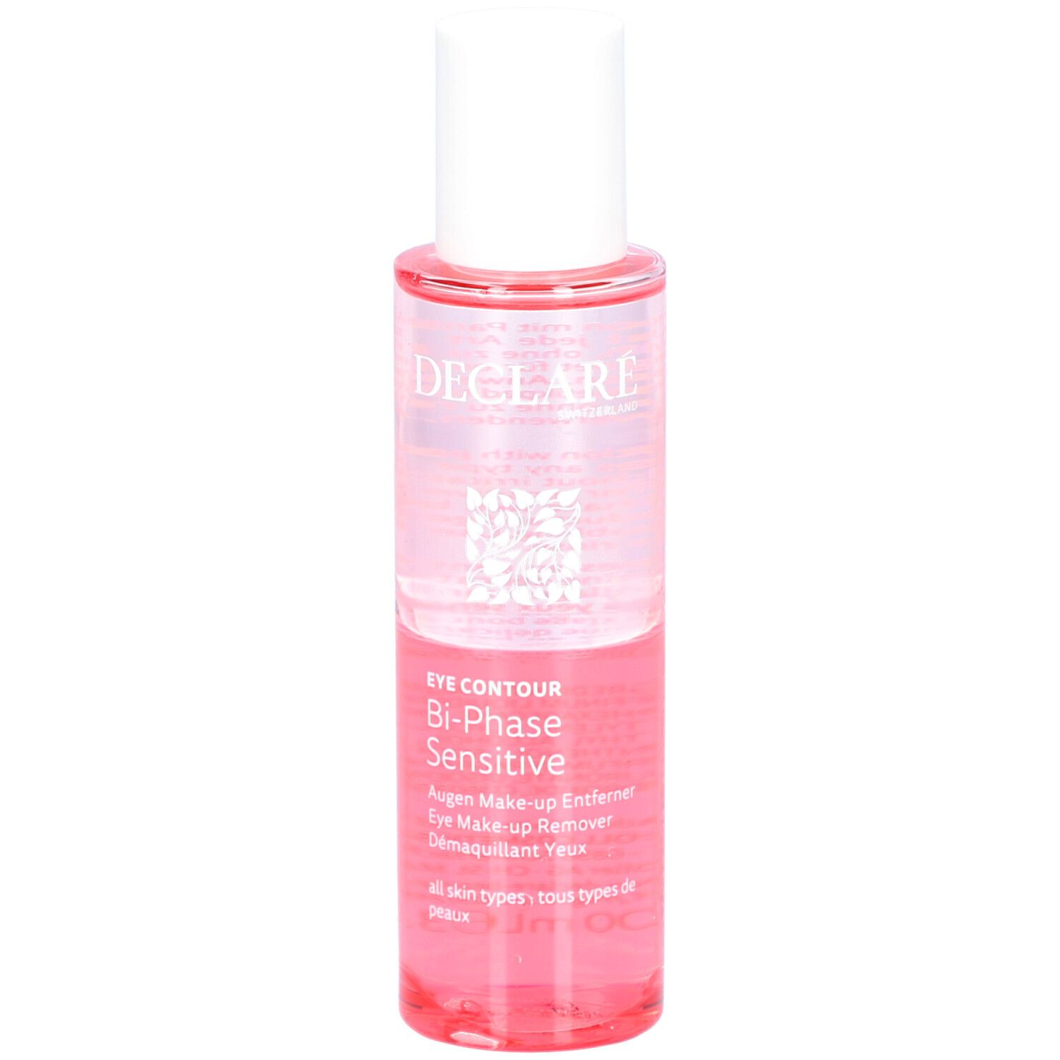 Zweiphasiger Augen-Make-up-Entferner. Transparente Flasche mit rosa Flüssigkeit. Weißer Deckel. Marke Declare.
