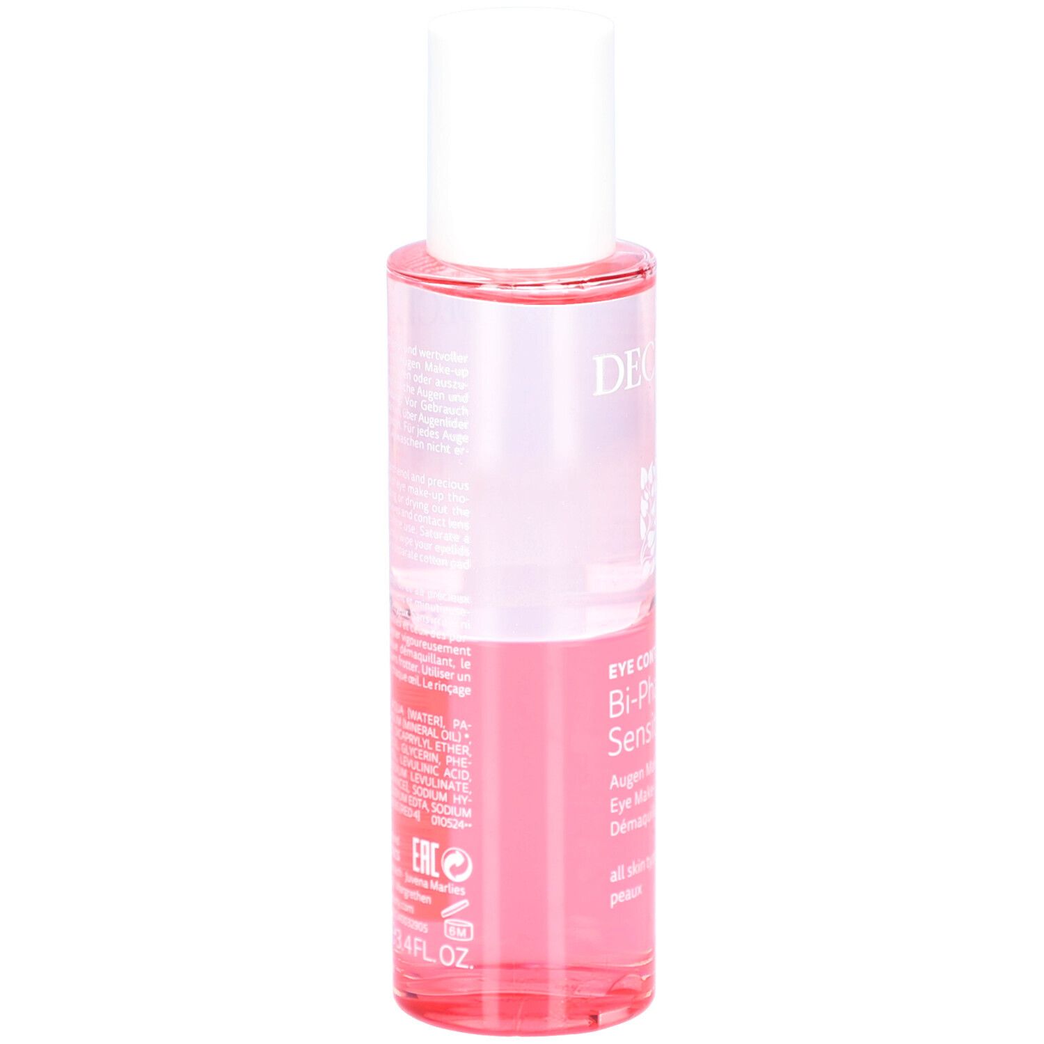 Zweiphasiger Augen-Make-up-Entferner. Transparente Flasche mit rosa Flüssigkeit. Aufschrift und Inhaltsstoffe.
