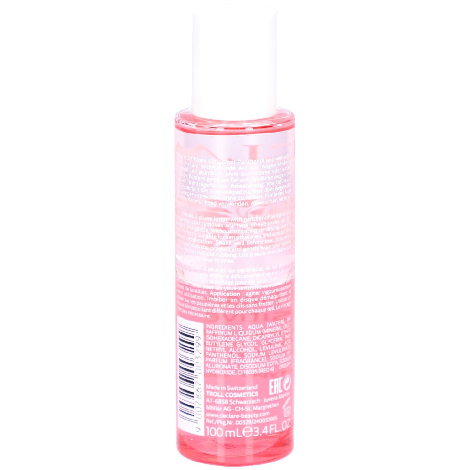 Zweiphasiger Augen-Make-up-Entferner. Transparente Flasche mit rosa Flüssigkeit. Rückseite mit Inhaltsstoffen und Barcode.