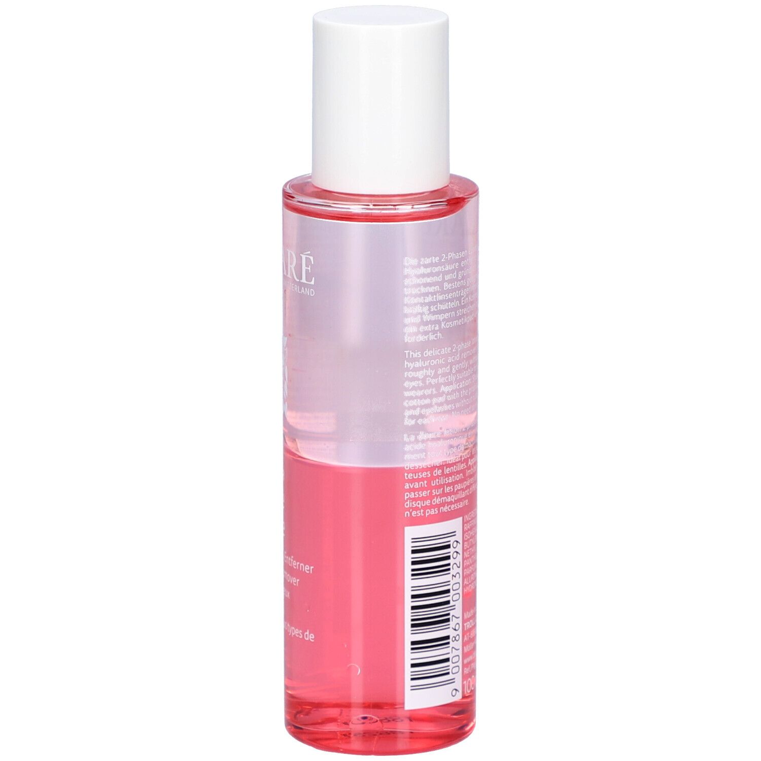 Zweiphasiger Augen-Make-up-Entferner. Transparente Flasche mit rosa Flüssigkeit. Rückseite mit Inhaltsstoffen und Barcode.