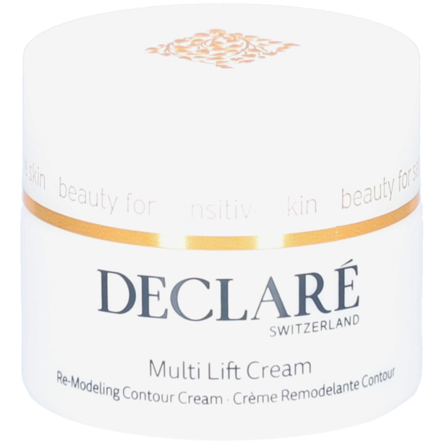 Weißer Tiegel mit goldfarbenem Deckel und Aufschrift DECLARÉ. Produktbezeichnung: Multi Lift Cream. Text: Re-Modeling Contour Cream.
