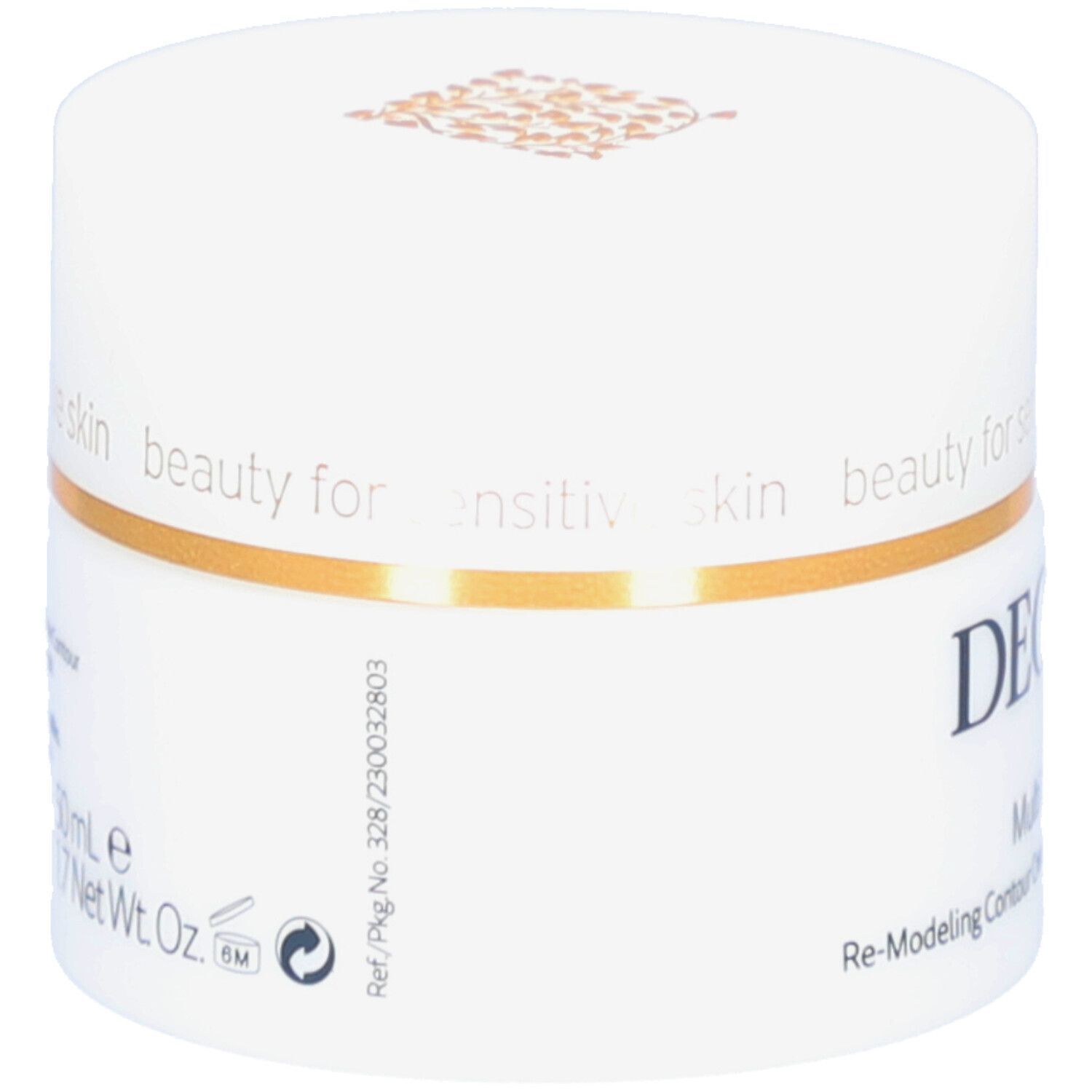 Weißer Tiegel mit goldfarbenem Deckel. Aufschrift DECLARÉ. Produktbezeichnung: Multi Lift Cream. Text: Re-Modeling Contour Cream.