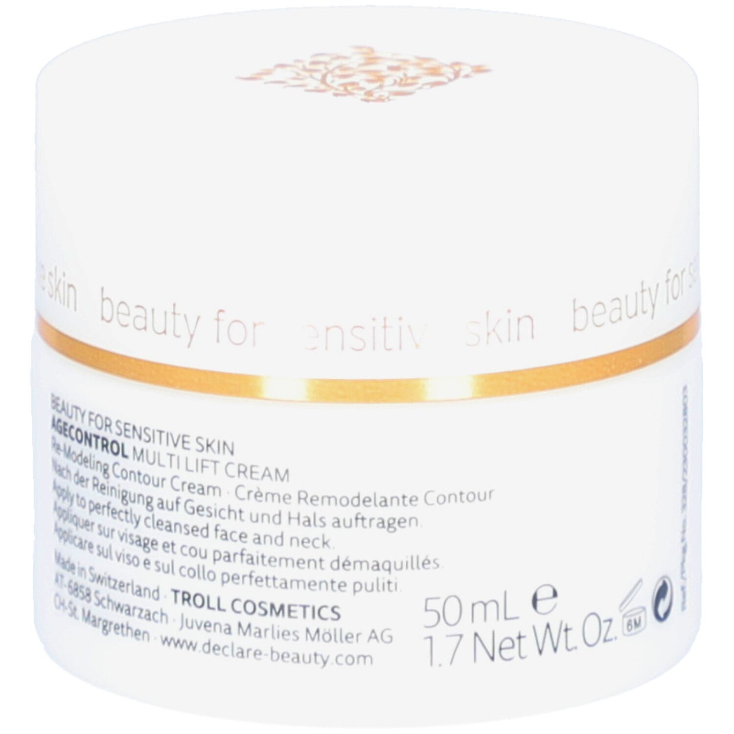 Weißer Tiegel mit goldfarbenem Deckel. Aufschrift DECLARÉ. Produktbezeichnung: Multi Lift Cream. Text: Re-Modeling Contour Cream. 50 ml.