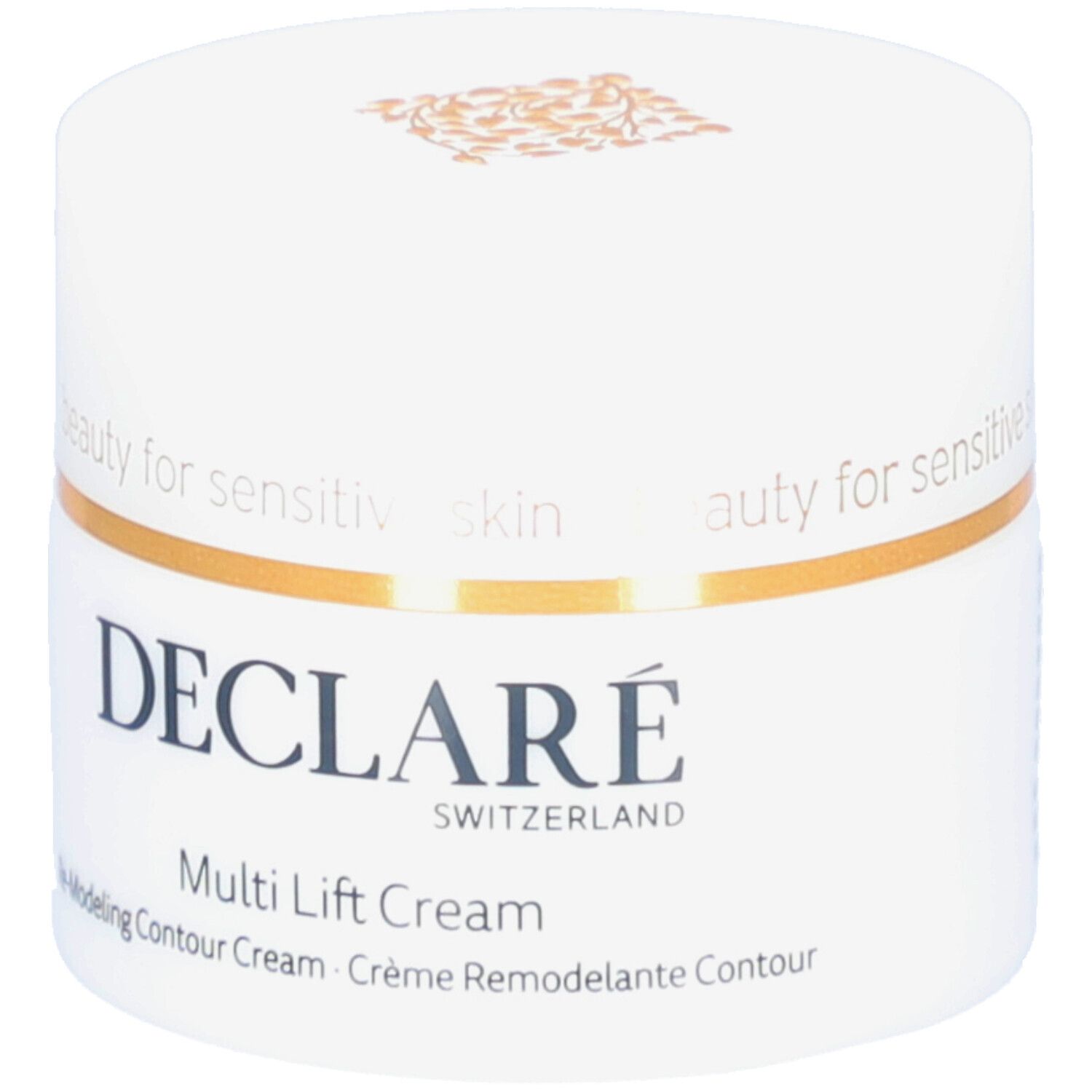 Weißer Tiegel mit goldfarbenem Deckel. Aufschrift DECLARÉ. Produktbezeichnung: Multi Lift Cream. Text: Re-Modeling Contour Cream.