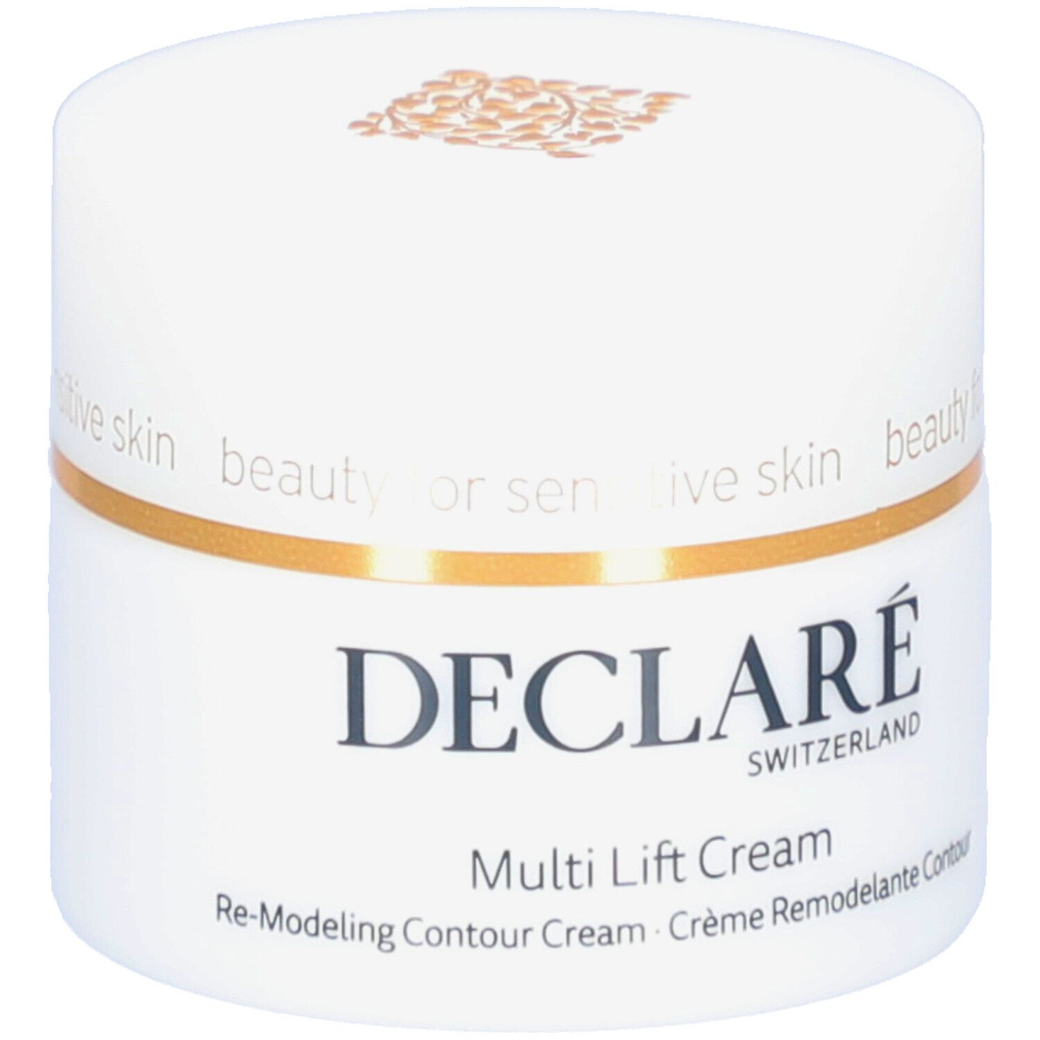 Weißer Tiegel mit goldfarbenem Deckel. Aufschrift DECLARÉ. Produktbezeichnung: Multi Lift Cream. Text: Re-Modeling Contour Cream.