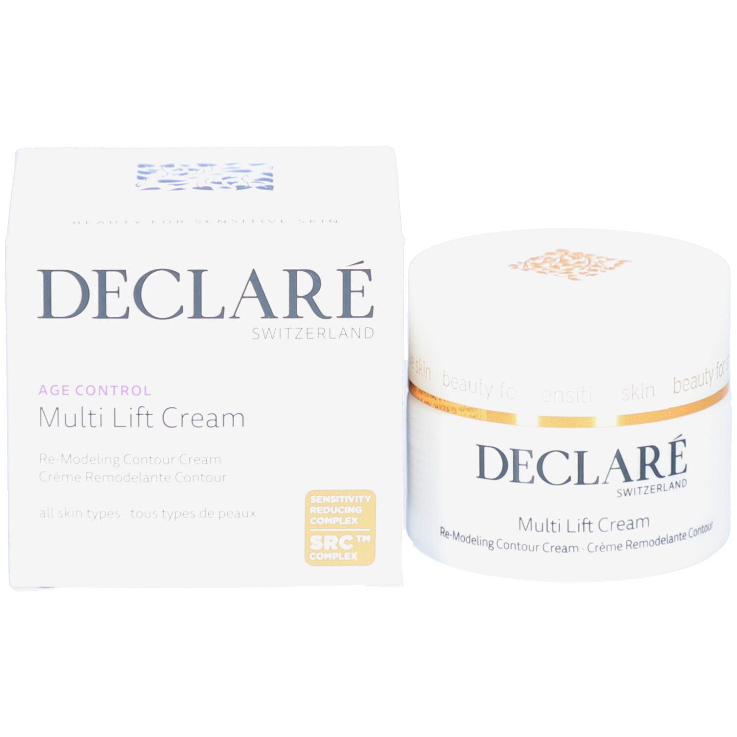 Produktverpackung mit Tiegel und Karton. Aufschrift DECLARÉ. Produktbezeichnung: Multi Lift Cream. Text: Re-Modeling Contour Cream. Mit Siegel.