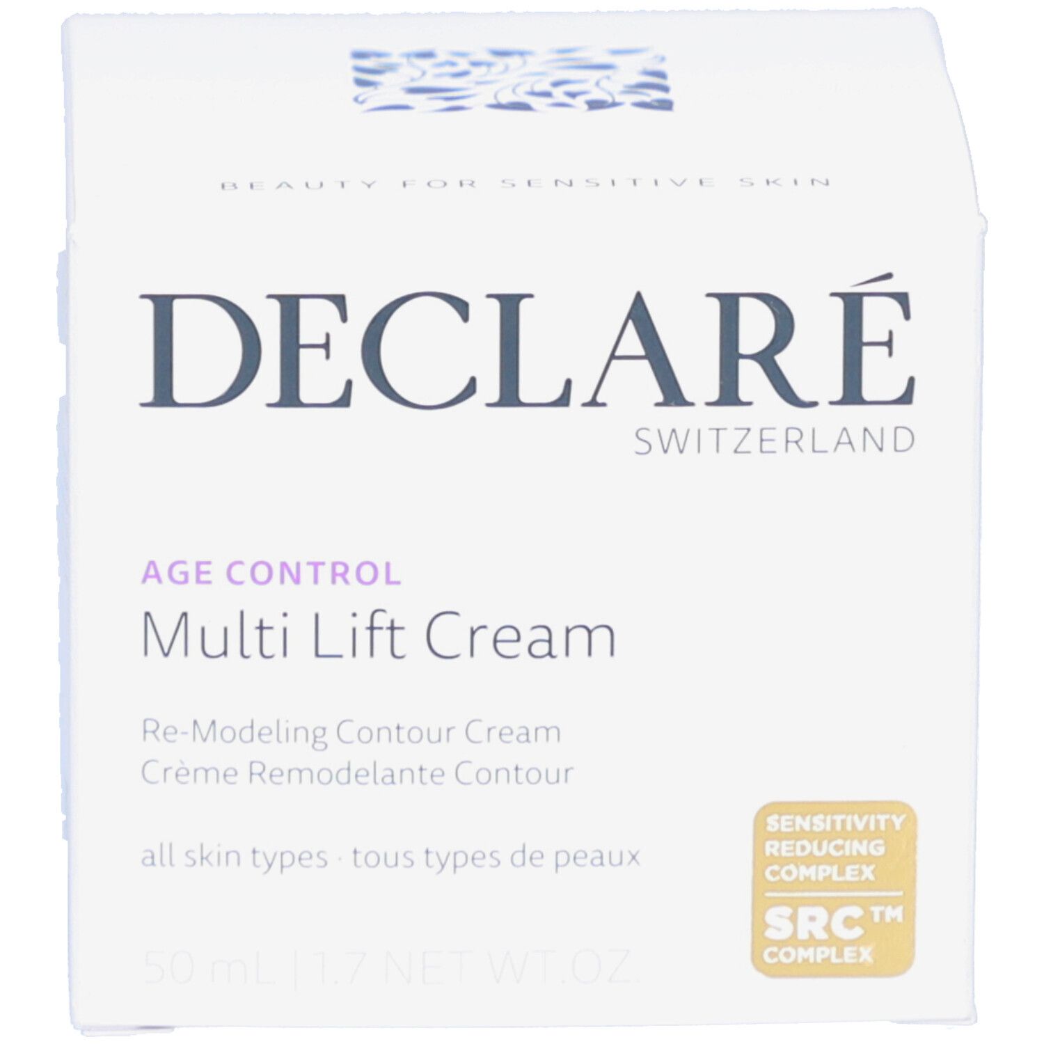 Produktverpackung mit Karton. Aufschrift DECLARÉ. Produktbezeichnung: Multi Lift Cream. Text: Re-Modeling Contour Cream. Mit Siegel.