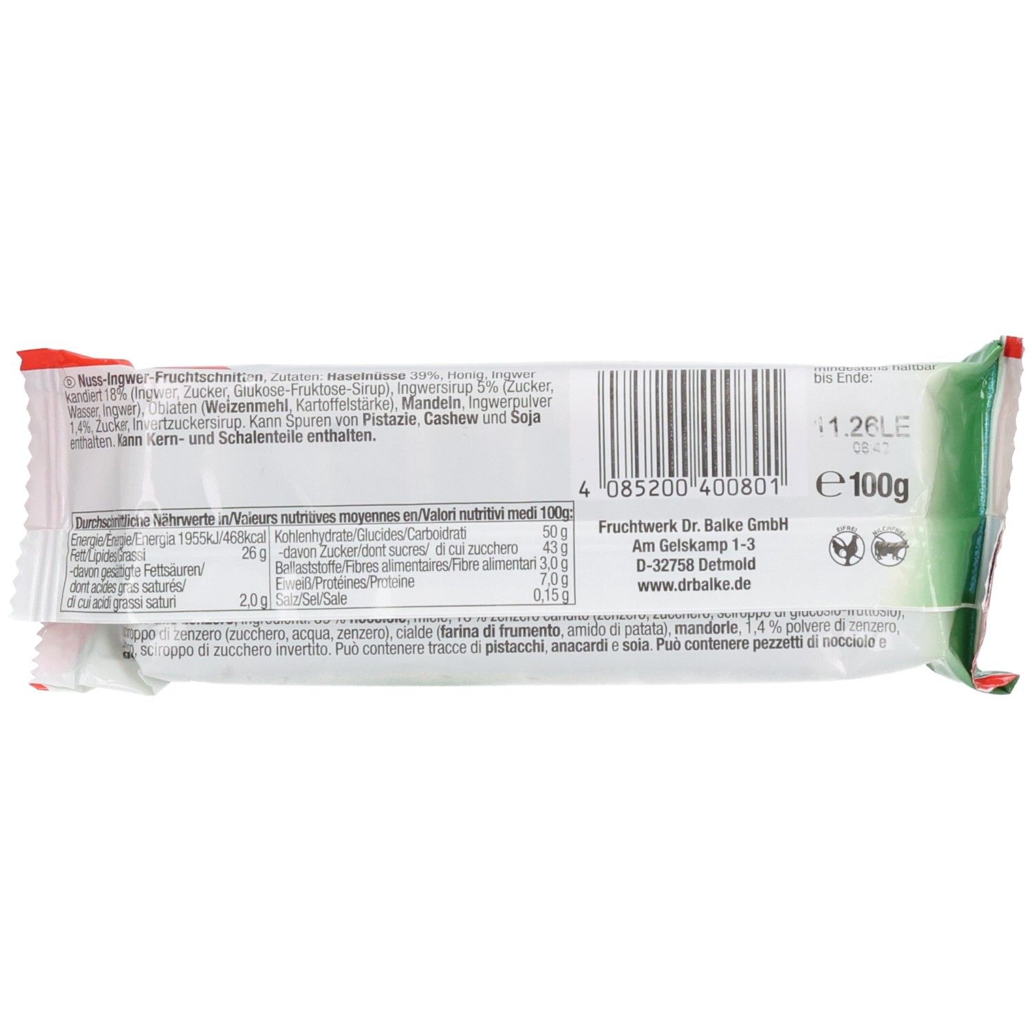 Rückseite der Ingwer-Honig Verpackung. Enthält Text, Barcode und Herstellerinformationen. Grün-weißes Design.