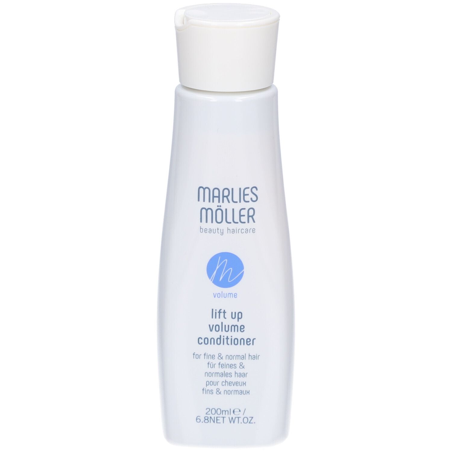 Weiße Flasche Marlies Möller Volume Conditioner. Blaue Schrift. 200ml. Für feines und normales Haar.