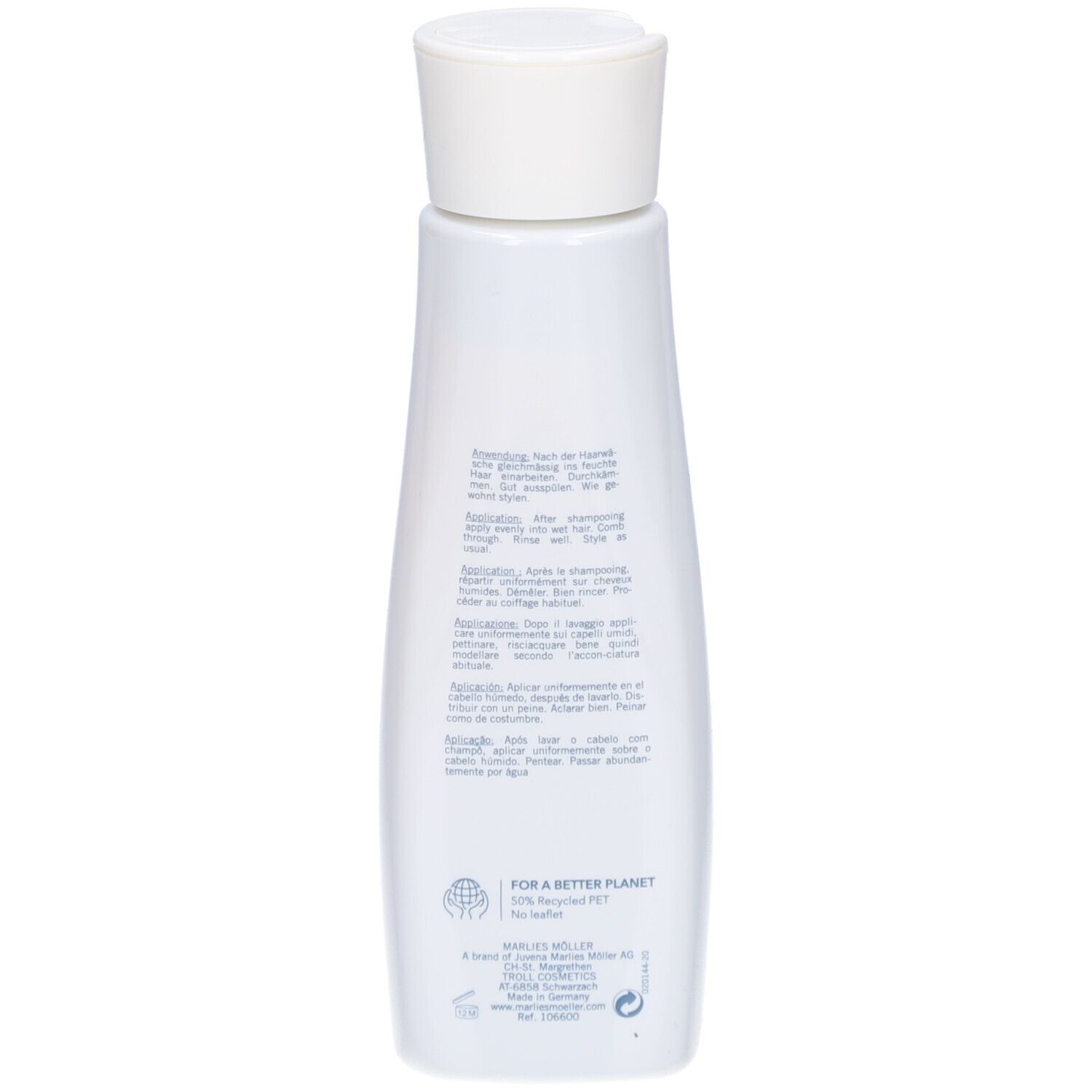 Rückseite der Marlies Möller Volume Conditioner Flasche. Text in mehreren Sprachen. 50% recyceltes PET.