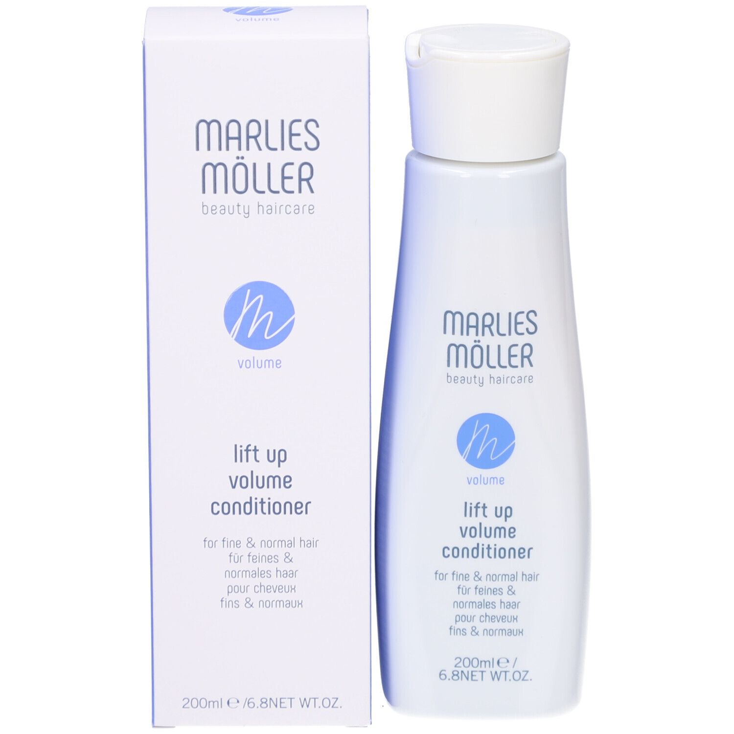 Marlies Möller Volume Conditioner Flasche und Verpackung. Weiße Verpackung mit blauer Schrift.