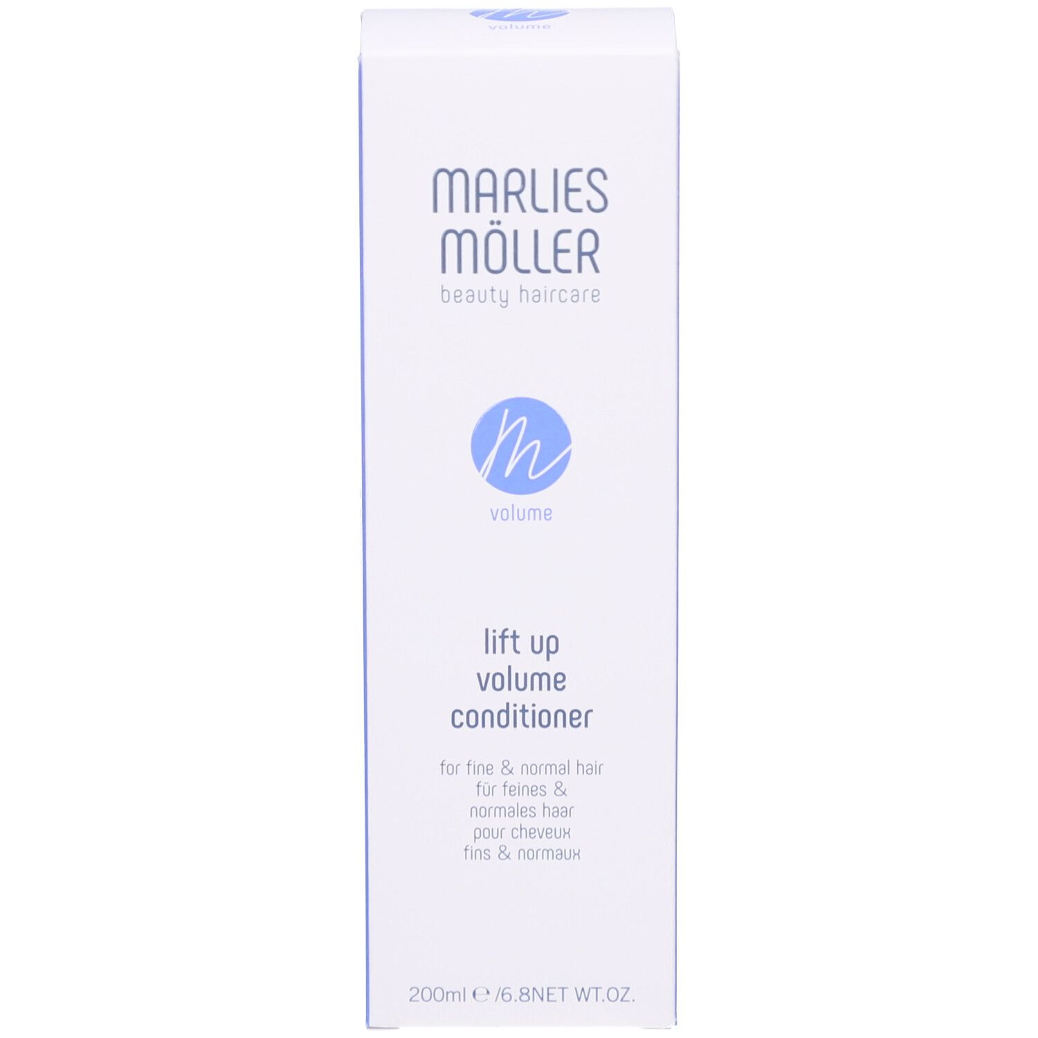 Marlies Möller Volume Conditioner Verpackung. Weiße Verpackung mit blauer Schrift.