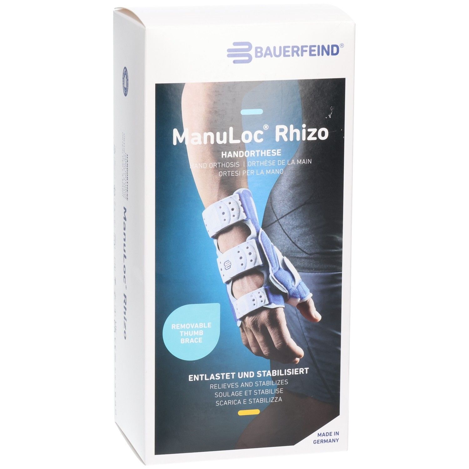 Bauerfeind ManuLoc Rhizo Handorthese Verpackung, Vorderseite mit Abbildung einer Hand mit Orthese.