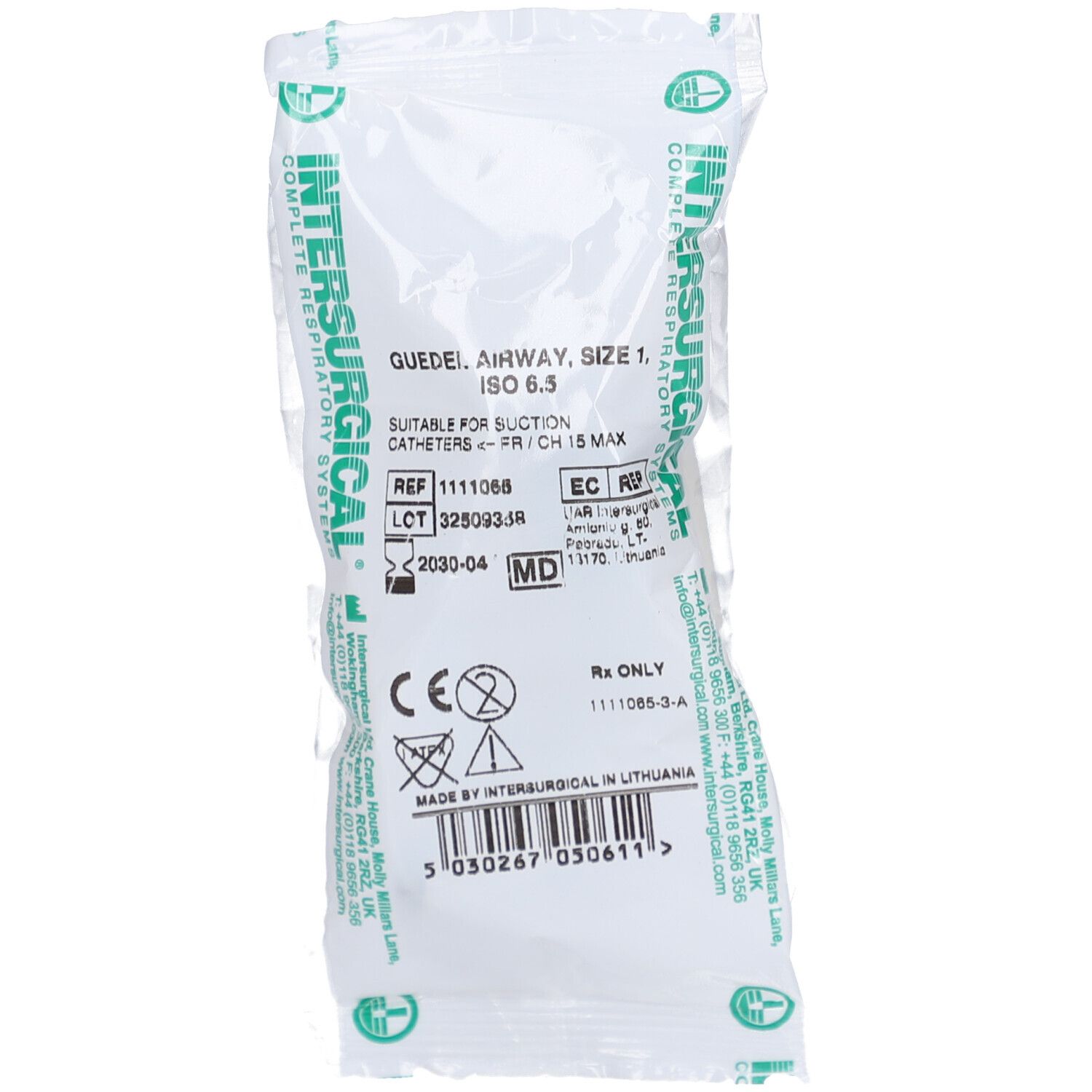 Guedel-Airway, Größe 1, ISO 6.5, in versiegelter Verpackung. Produktinformationen und CE-Kennzeichnung sind sichtbar.