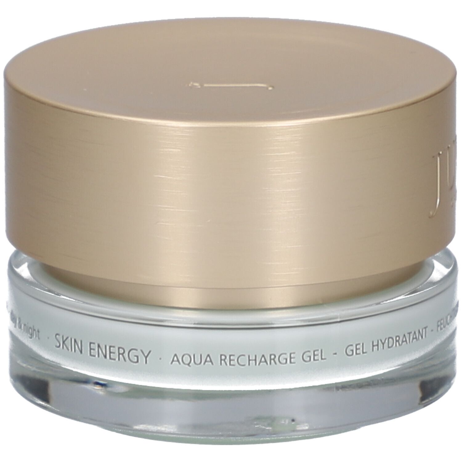 Cremebehälter mit goldfarbenem Deckel. Aufschrift: JUVENA OF SWITZERLAND. Text: SKIN ENERGY AQUA RECHARGE GEL.