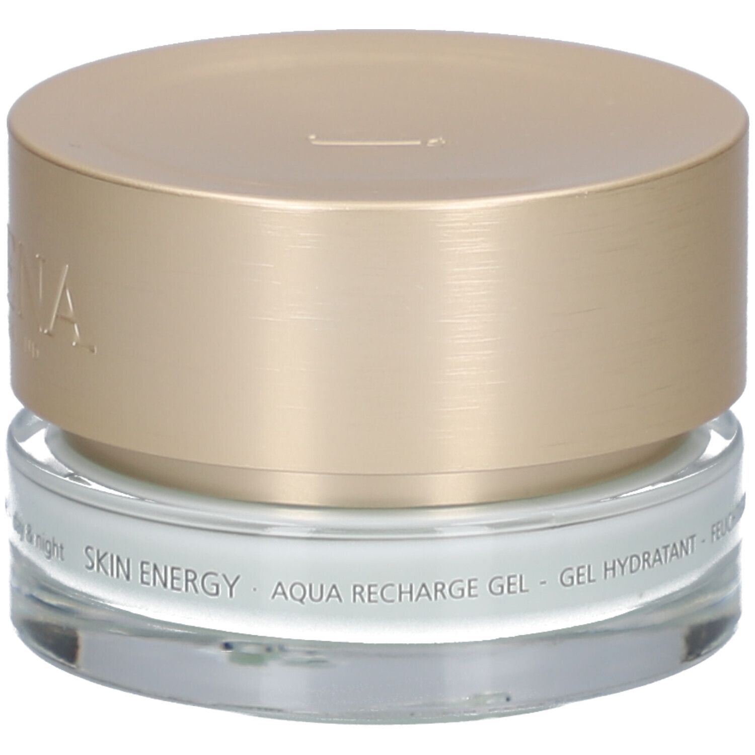 Cremebehälter mit goldfarbenem Deckel. Aufschrift: JUVENA OF SWITZERLAND. Text: SKIN ENERGY AQUA RECHARGE GEL.