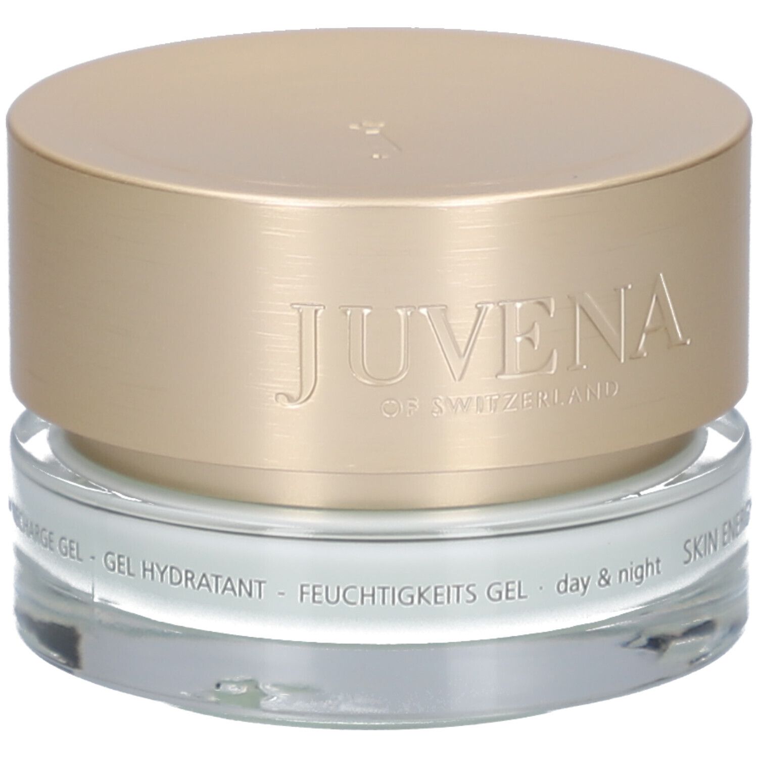 Cremebehälter mit goldfarbenem Deckel. Aufschrift: JUVENA OF SWITZERLAND. Text: SKIN ENERGY AQUA RECHARGE GEL.
