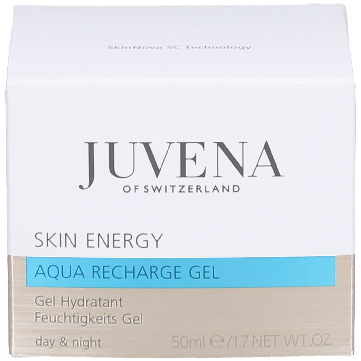 Cremebehälter mit goldfarbenem Deckel. Aufschrift: JUVENA OF SWITZERLAND. Text: SKIN ENERGY AQUA RECHARGE GEL.