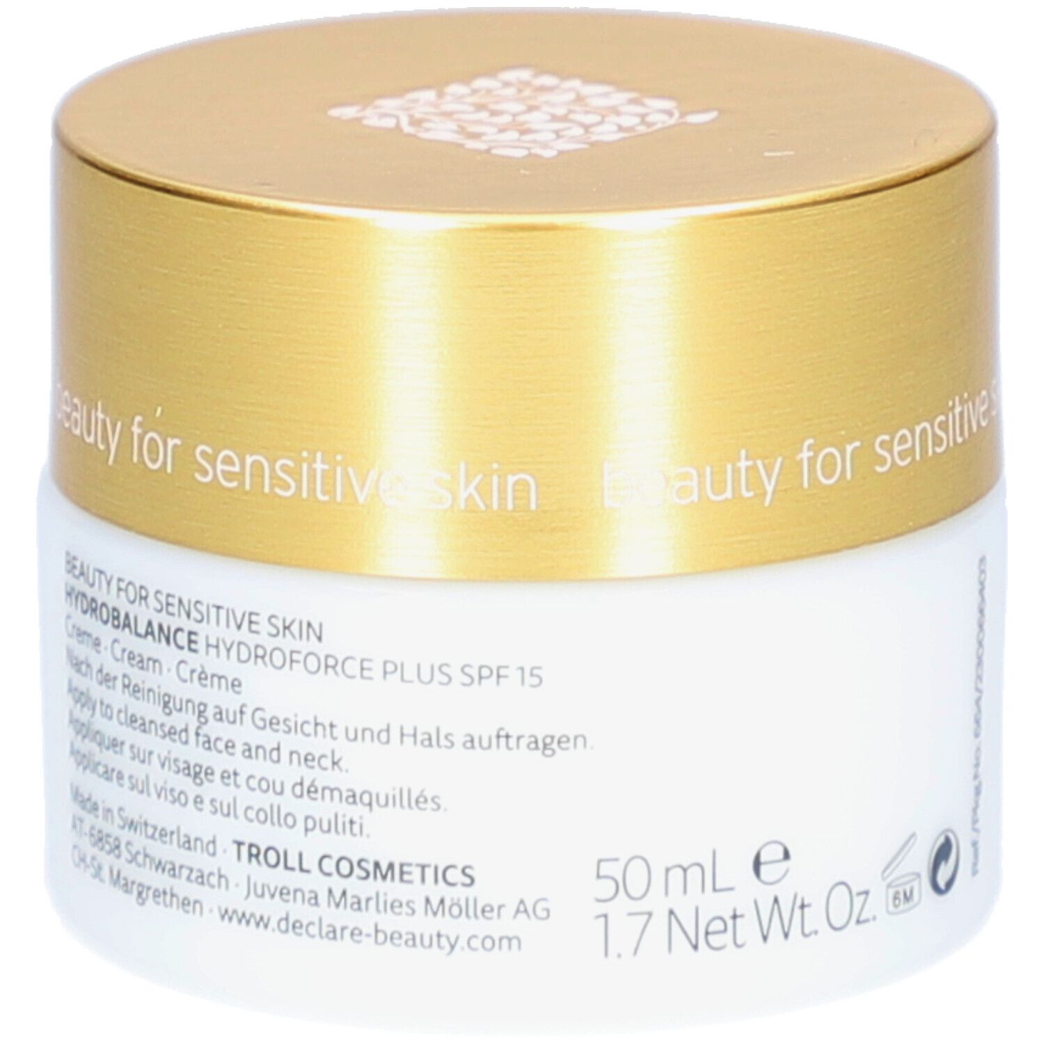 Creme-Tiegel mit goldenem Deckel. Aufschrift: DECLARÉ, Hydrobalance Hydroforce Plus SPF15. 50 ml. 1.7 Net Wt. Oz. Für empfindliche Haut.