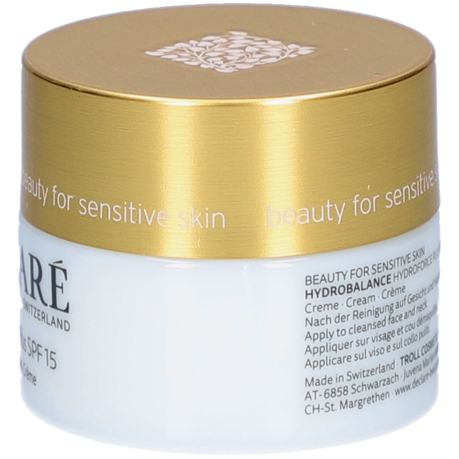Creme-Tiegel mit goldenem Deckel. Aufschrift: DECLARÉ, Hydrobalance Hydroforce Plus SPF15. Für empfindliche Haut. Creme, Cream, Crème.