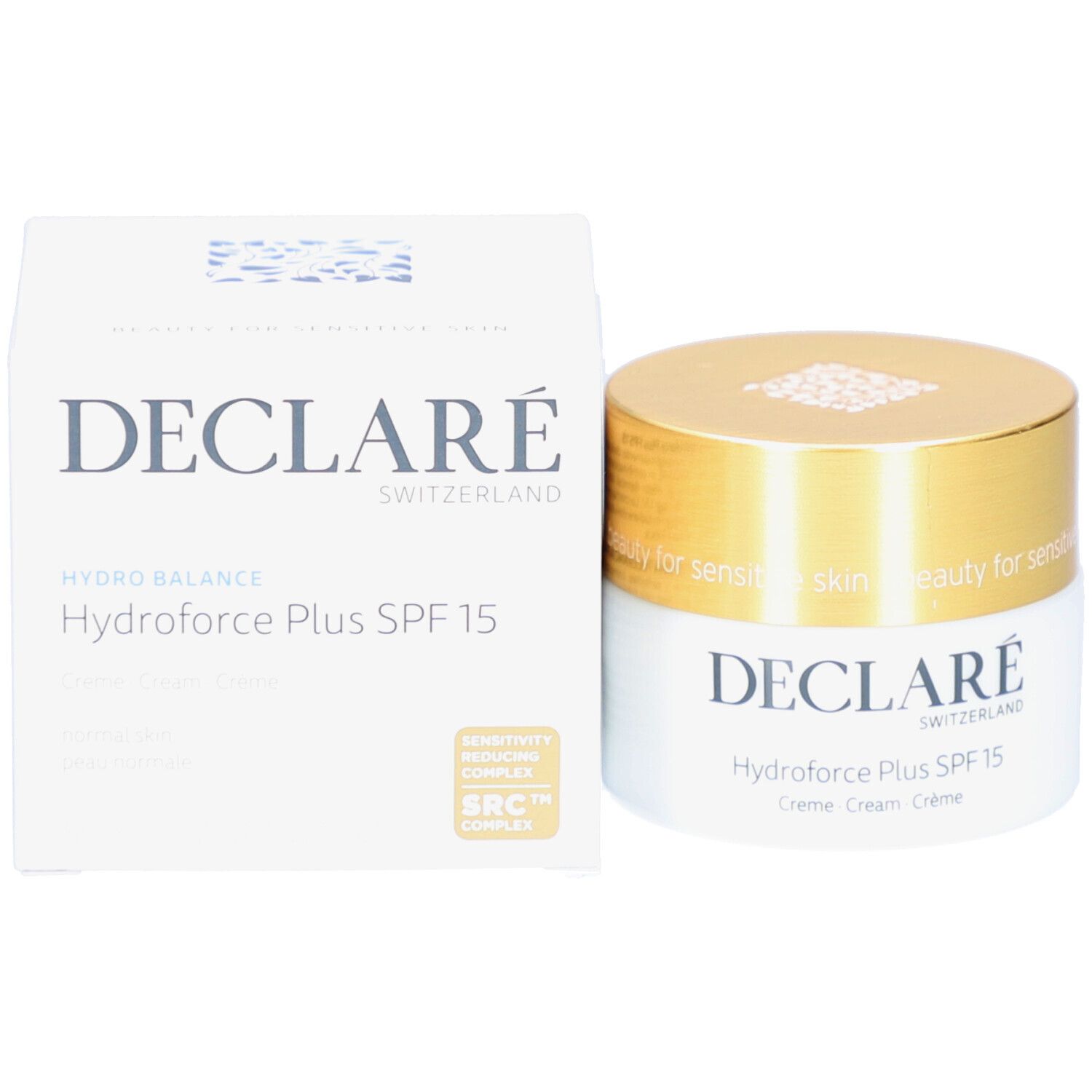 Produktverpackung und Creme-Tiegel. Aufschrift: DECLARÉ, Hydrobalance Hydroforce Plus SPF15. Creme, Cream, Crème. SRC Complex.