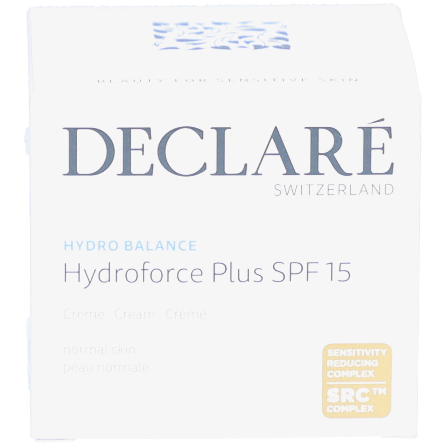 Produktverpackung. Aufschrift: DECLARÉ, Hydrobalance Hydroforce Plus SPF15. Creme, Cream, Crème. Für normale Haut. SRC Complex.