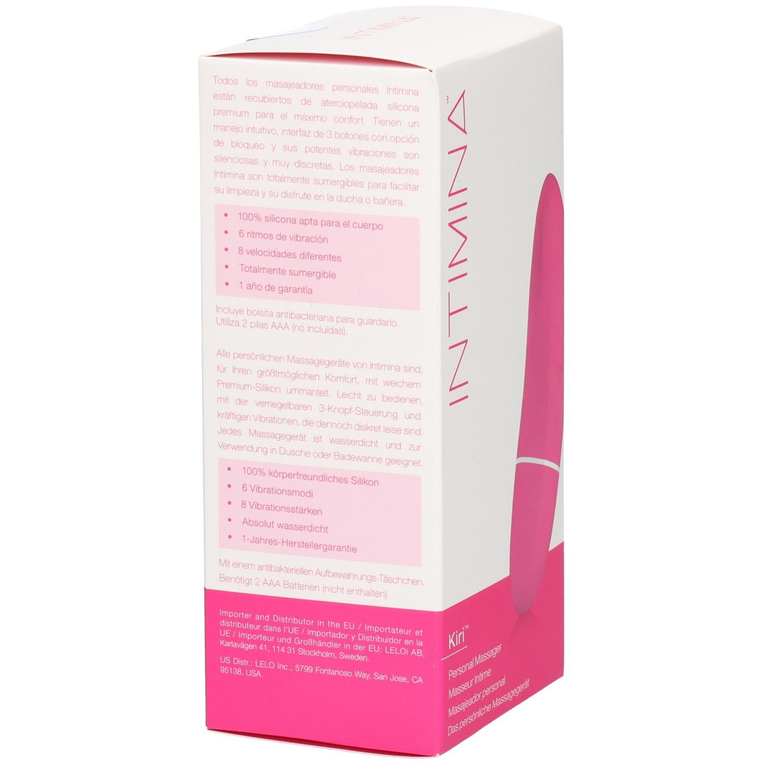 Rückseite der weißen Produktverpackung. Text in mehreren Sprachen. Pinkfarbener Streifen mit Produktnamen und Logo.