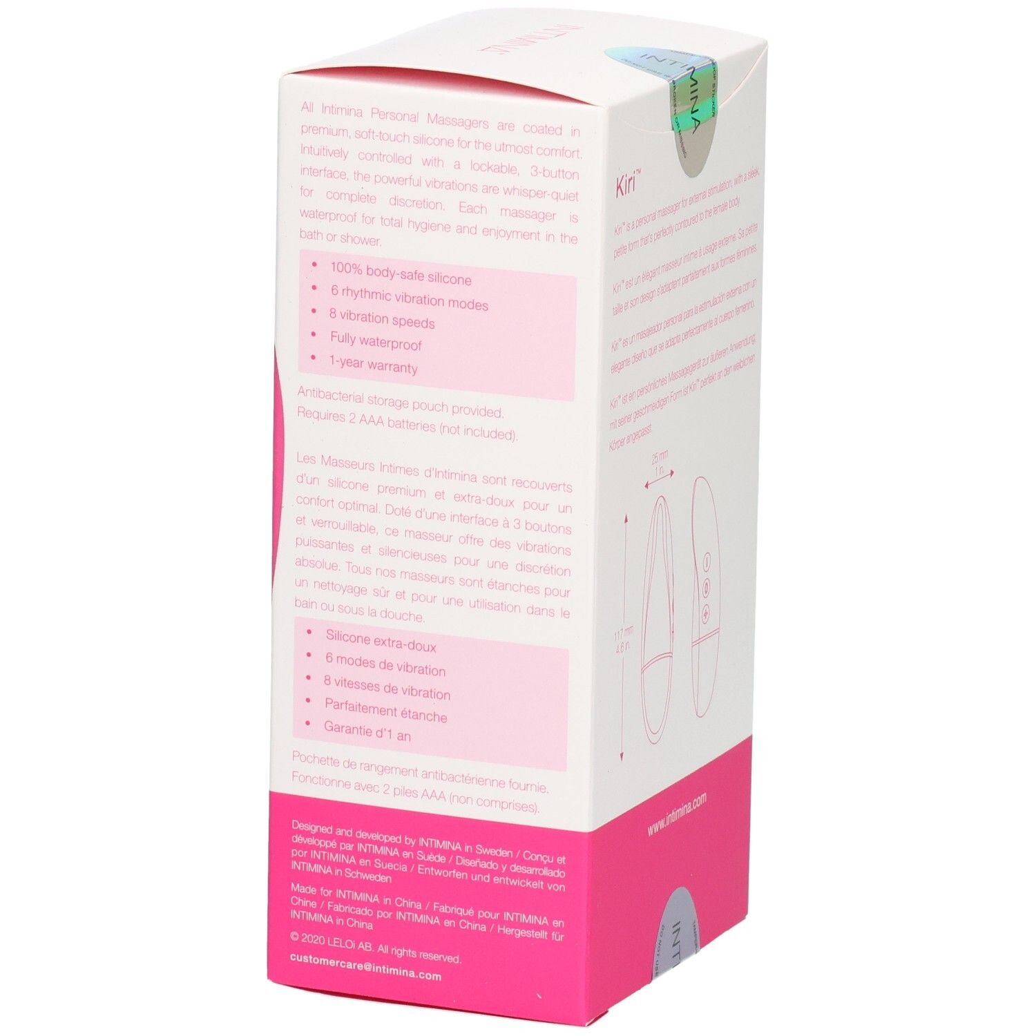 Rückseite der Verpackung mit Produktmerkmalen. Text in mehreren Sprachen. Produktabbildung.