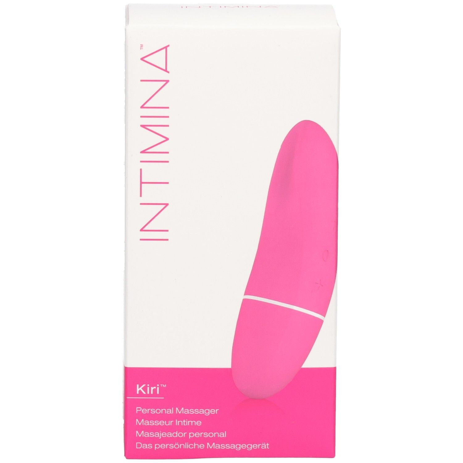 Weißer Karton mit pinkfarbenem Massagerät. Aufdruck: INTIMINA, Kiri, Personal Massager. Produktabbildung.