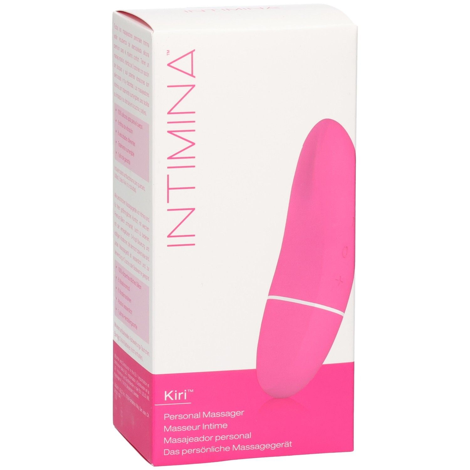Weißer Karton mit pinkfarbenem Massagerät. Aufdruck: INTIMINA, Kiri, Personal Massager. Produktabbildung.