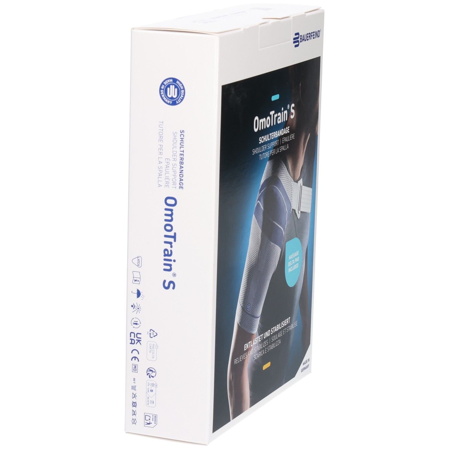 Seite der Bauerfeind OmoTrain S Schulterbandage Verpackung mit Produktnamen und Symbolen.