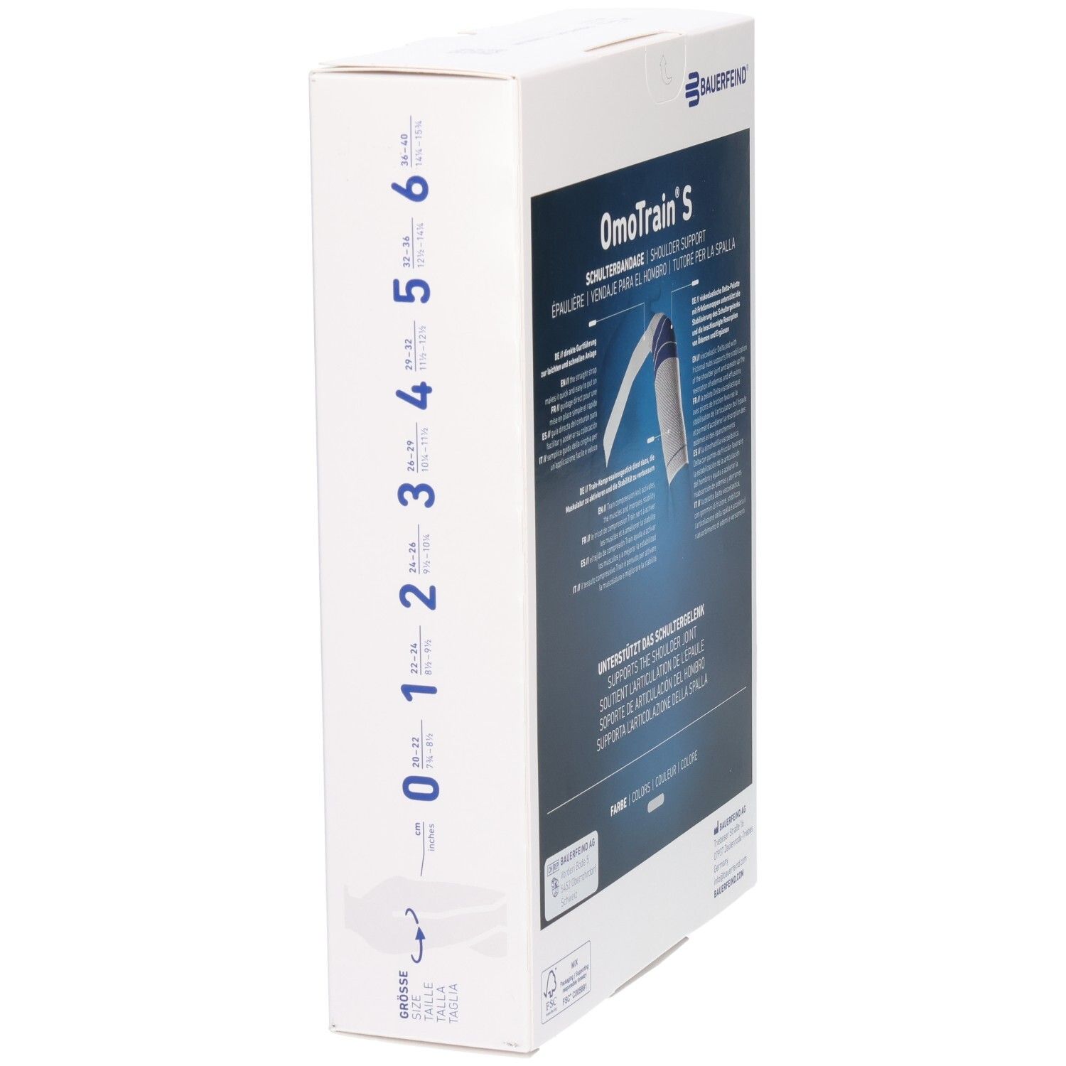 Seite der Bauerfeind OmoTrain S Schulterbandage Verpackung mit Größenangaben und Symbolen.
