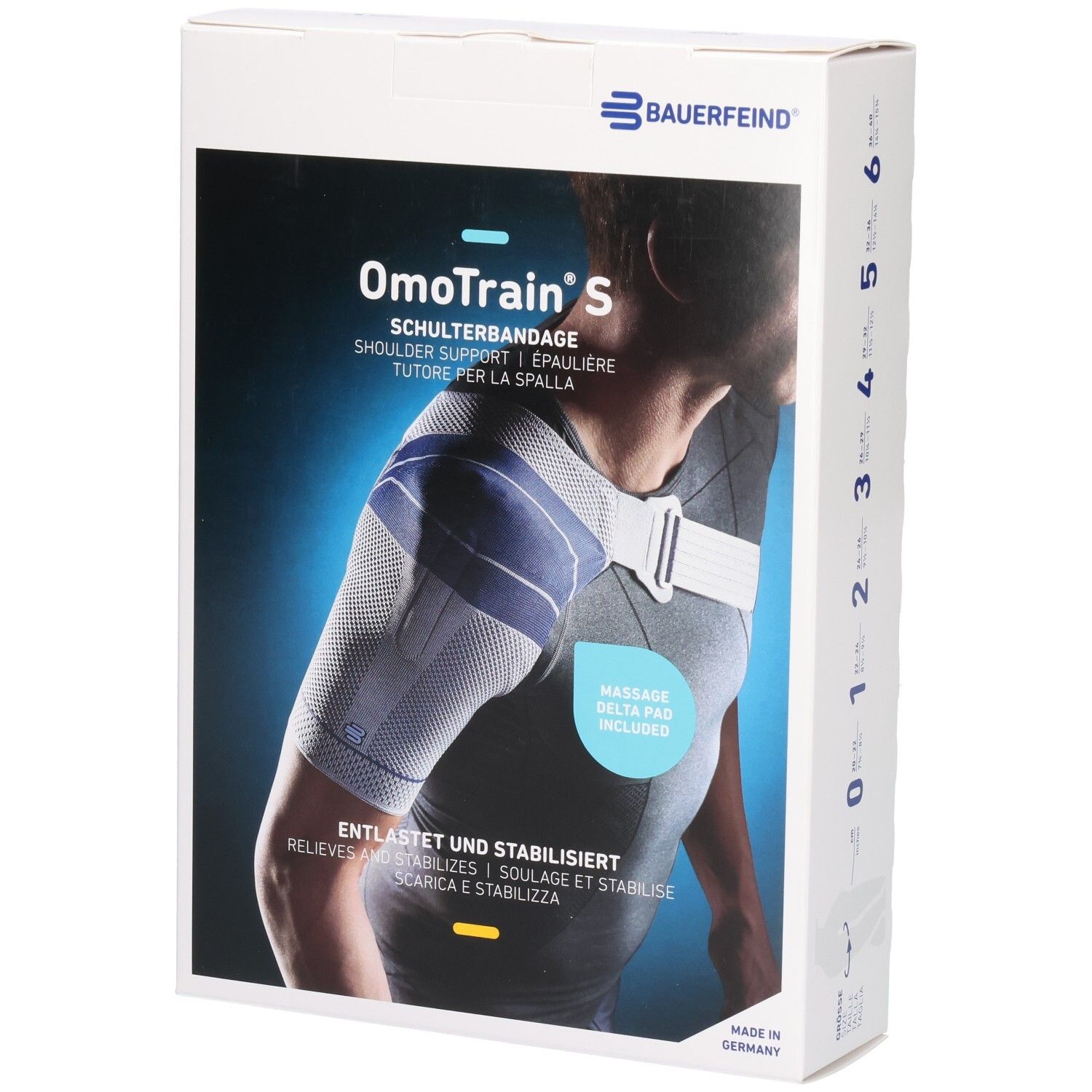 Bauerfeind OmoTrain S Schulterbandage Verpackung mit Abbildung eines Mannes, der die Bandage trägt.